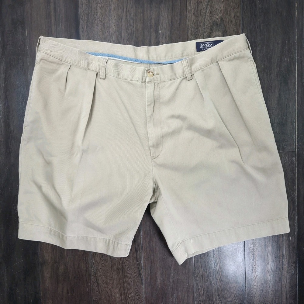 Polo Ralph Lauren Mens Shorts 42× 8.5" Inseam Beige Classic Pleated 100% Cotton